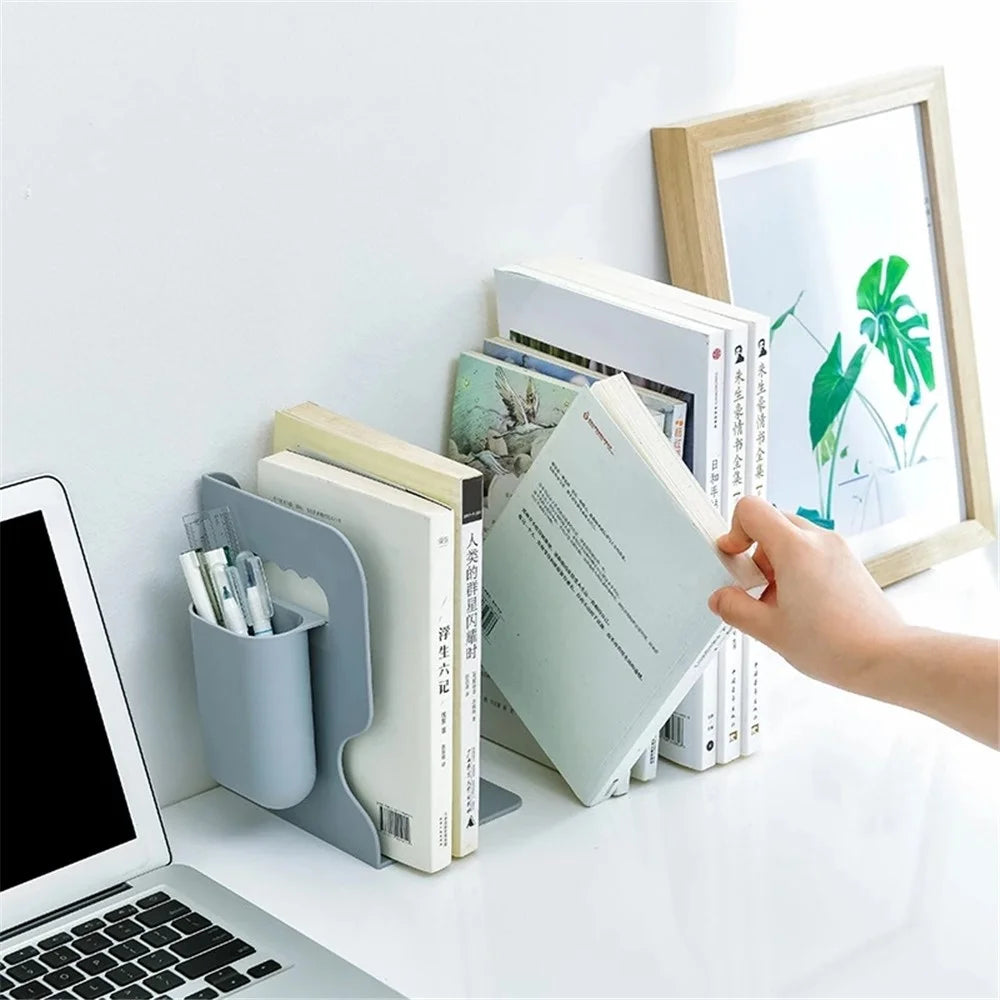 Retractable Bookend Book Stand Bookshelf with Pen Holder for Home Office - Grey - 4