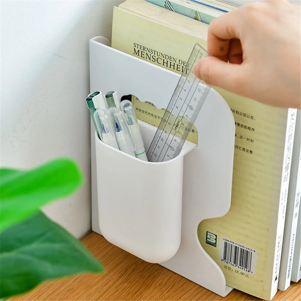 Retractable Bookend Book Stand Bookshelf with Pen Holder for Home Office - Grey - 5