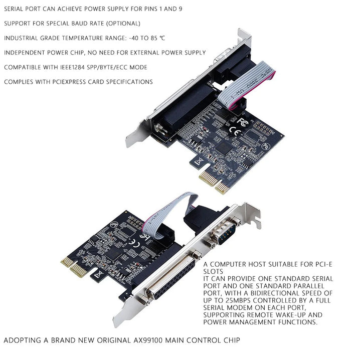 TXB075 PCI-E 1X Parallel + 1 Serial COM Port RS232 Adapter to 9-Pin Expansion Xard AX99100-PCIe - 4