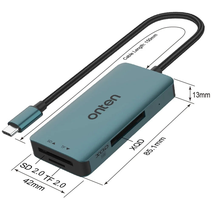 ONTEN C13 Type-C Card Reader Data Reading for SD+XQD+TF Cards - Green - 7
