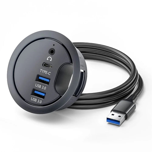 U3-095-HUB05 USB 3.0 Hub 2xUSB3.0 + 3.5mm + Type-C 60mm Desk Grommet Splitter Dock Station - 1