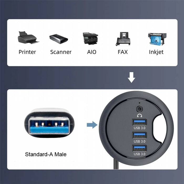U3-095-HUB03 3X USB 3.0 Hub with Audio Port 60mm Desk Grommet Splitter Dock Station for Desktop PC Desk - 4