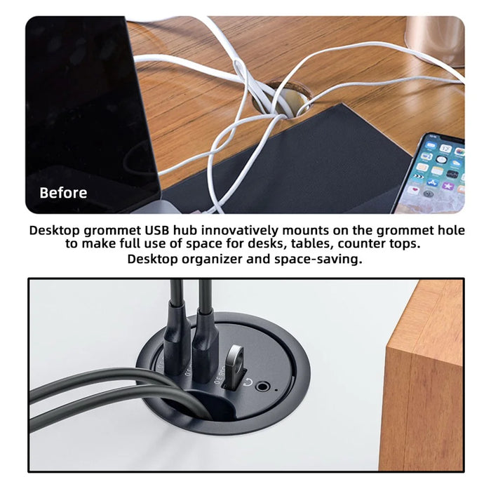 U3-095-HUB03 3X USB 3.0 Hub with Audio Port 60mm Desk Grommet Splitter Dock Station for Desktop PC Desk - 6