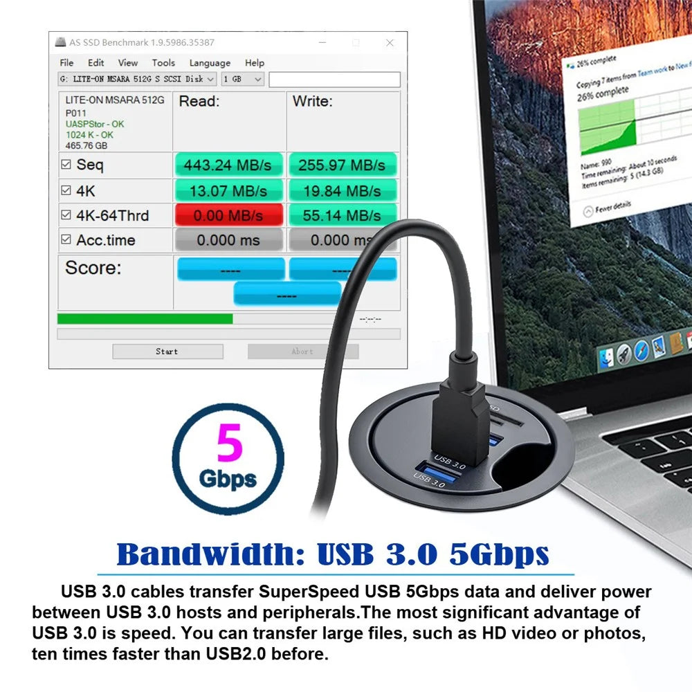 U3-095-HUB02 3X USB 3.0 Hub with SD / TF Card Slot 60mm Desk Grommet Splitter Dock Station for Desktop PC Desk - 2