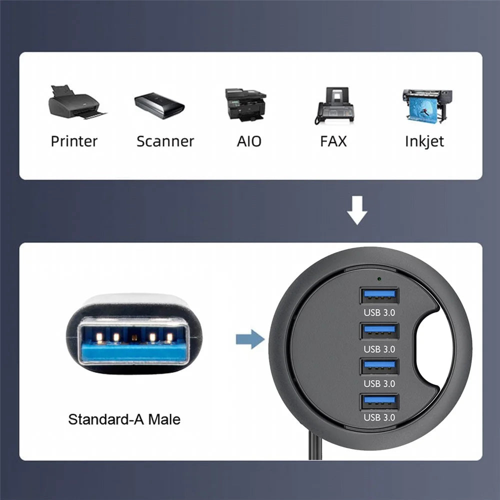 U3-095-HUB01 USB 3.0 Hub 4 USB3.0 Ports 60mm Computer Desk Grommet Splitter Dock Station - 4