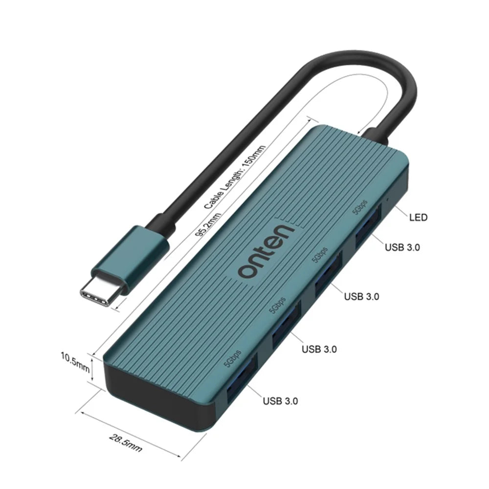 ONTEN UC621 15cm Cable Type-C to 4xUSB3.2 Gen1 Ports USB Hub Splitter Laptop Phone Adapter - Green - 4