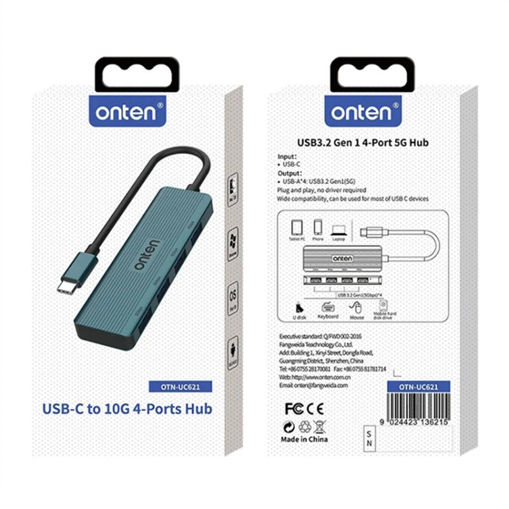 ONTEN UC621 15cm Cable Type-C to 4xUSB3.2 Gen1 Ports USB Hub Splitter Laptop Phone Adapter - Green - 5