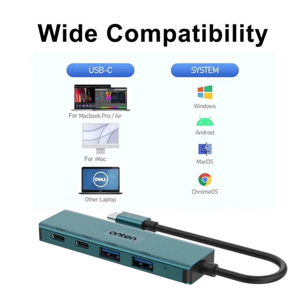 ONTEN UC622 15cm Cable Type-C to 2USB+2Type-C Ports 10Gbps USB Hub Splitter Laptop Phone Adapter - Green - 3