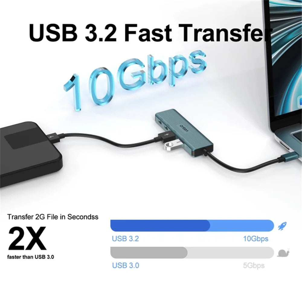 ONTEN UC622 15cm Cable Type-C to 2USB+2Type-C Ports 10Gbps USB Hub Splitter Laptop Phone Adapter - Green - 5