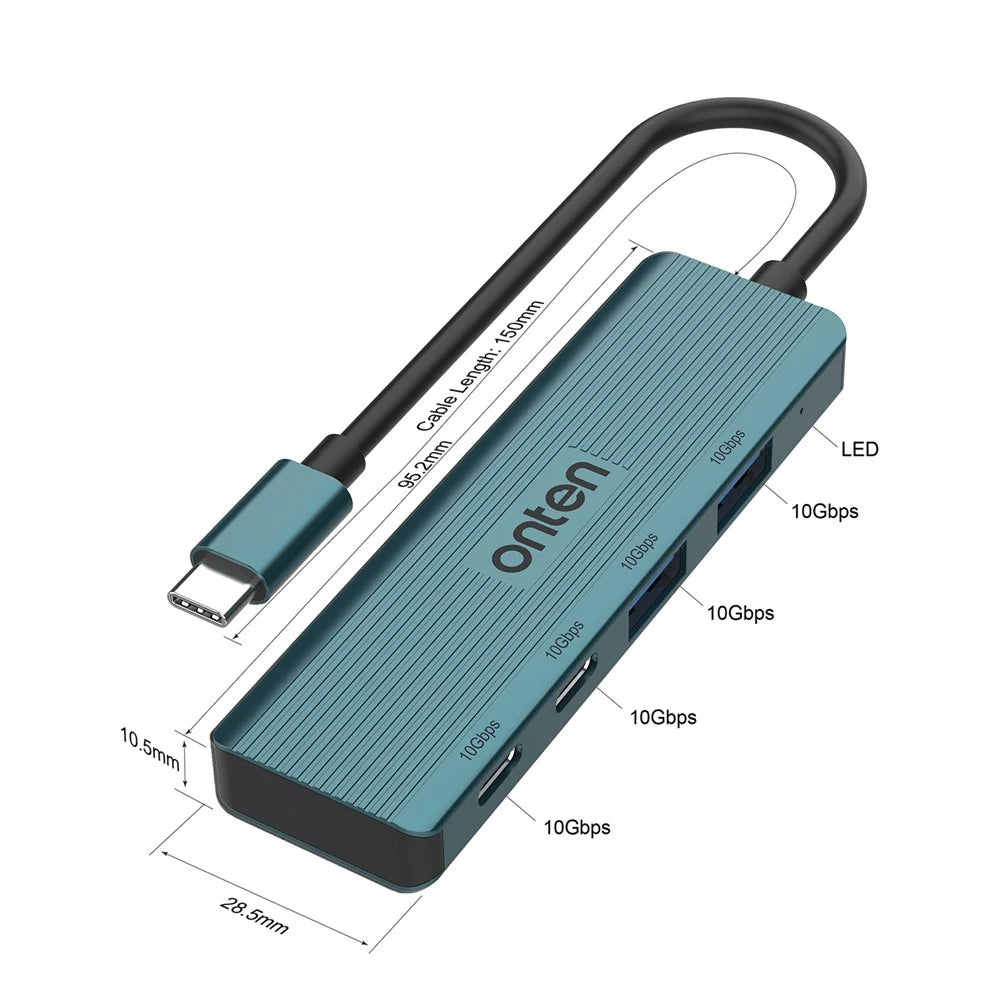 ONTEN UC622 15cm Cable Type-C to 2USB+2Type-C Ports 10Gbps USB Hub Splitter Laptop Phone Adapter - Green - 6