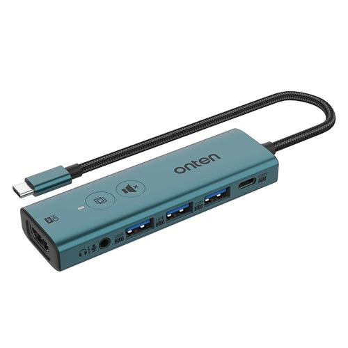 ONTEN UC123+ 15cm Cable Type-C to HD+3xUSB3.0+USB-C+3.5mm Ports USB Hub Adapter with Buttons - Green - 1