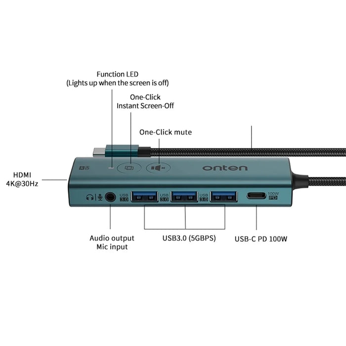 ONTEN UC123+ 15cm Cable Type-C to HD+3xUSB3.0+USB-C+3.5mm Ports USB Hub Adapter with Buttons - Green - 2