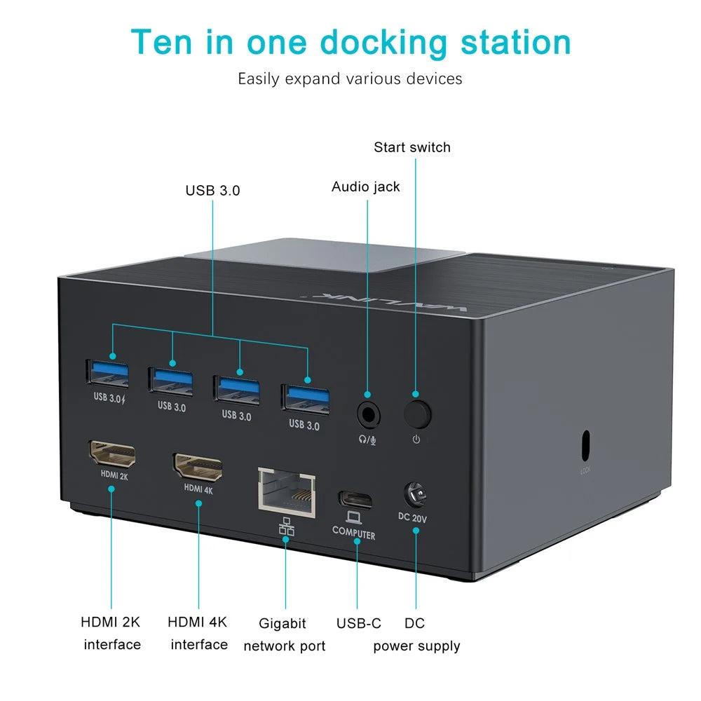 WAVLINK UG76PD2 USB-C Dual HD Universal Docking Station with 3.5mm Audio + Gigabit Network Port - US Plug - 2