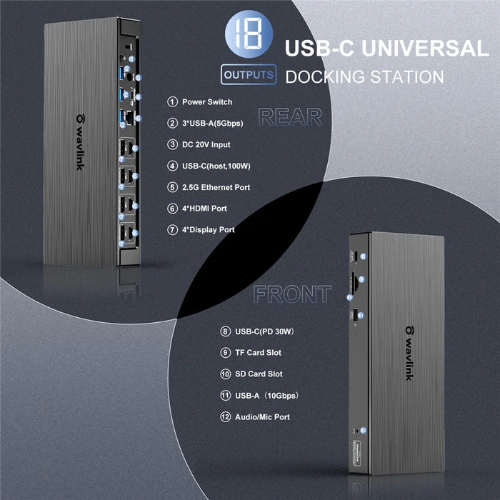 WAVLINK 5K Quadruple Display USB C Universal Docking Station 18-in-1 Laptop Dock DP / HD PD 100W for Macbook / Windows - US Plug - 3
