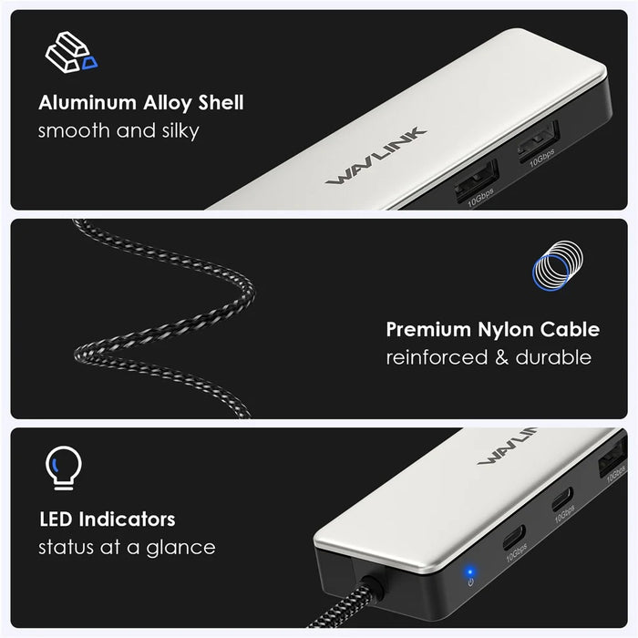 WAVLINK UH30420 Aluminum Alloy USB Hub 4-Port 10Gbps High Speed ??USB3.2 Gen2 Distributor - 6