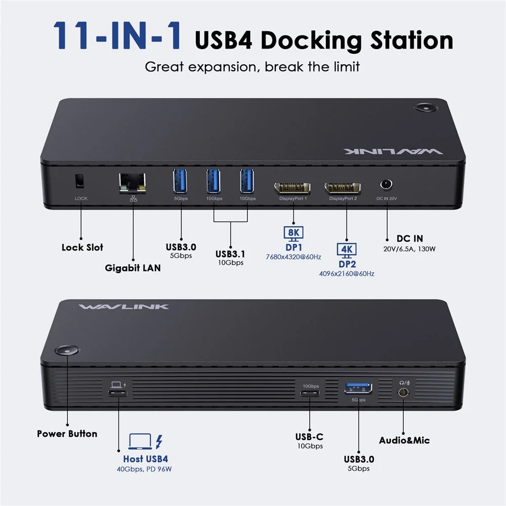 WAVLINK UTD22 USB4 Docking Station Dual Monitor USB-C Hub Support 96W Laptop Charging - US Plug - 3