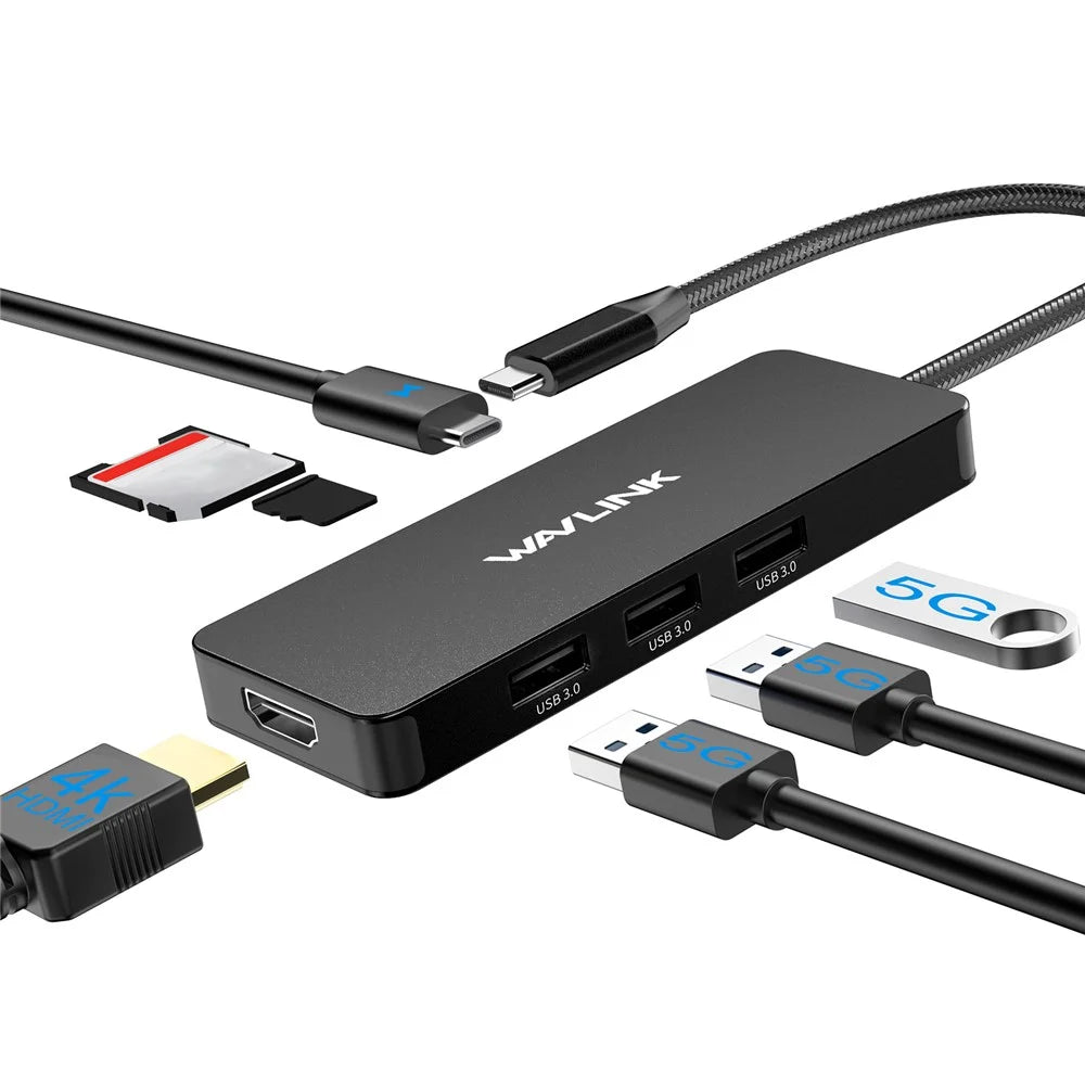 WAVLINK UHP3416 7-in-1 USB-C to 4K HD 100W PD Charging SD / TF Card Reader Docking Station - Black - 3