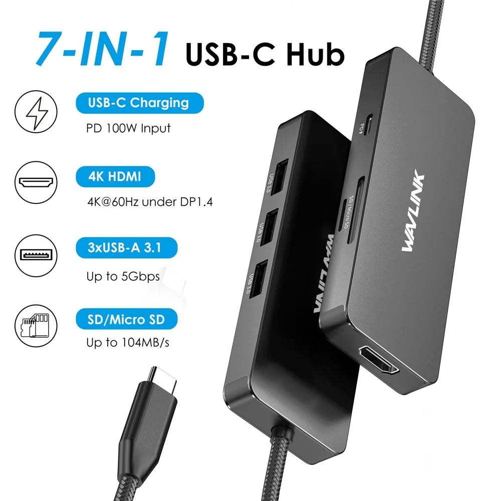 WAVLINK UHP3416 7-in-1 USB-C to 4K HD 100W PD Charging SD / TF Card Reader Docking Station - Black - 4