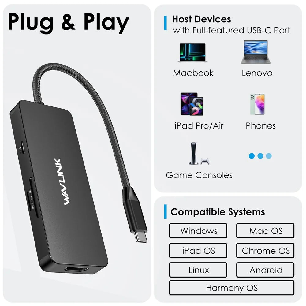 WAVLINK UHP3416 7-in-1 USB-C to 4K HD 100W PD Charging SD / TF Card Reader Docking Station - Black - 7