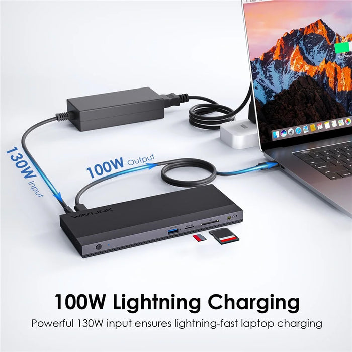 WAVLINK UMD01R Pro 13-in-1 Laptop Docking Station 2x Displayport and HD 4x USB 3.0 SD / TF Card Reader - US Plug - 5
