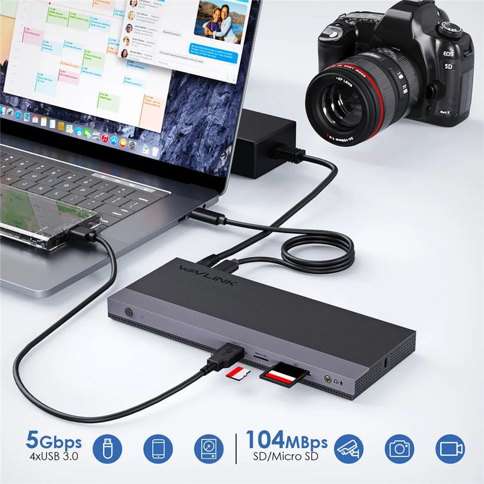 WAVLINK UMD01R Pro 13-in-1 Laptop Docking Station 2x Displayport and HD 4x USB 3.0 SD / TF Card Reader - US Plug - 6