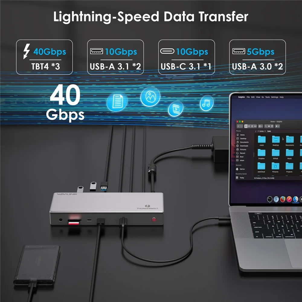 WAVLINK UTD43 PRO 12-in-1 Thunderbolt 4 Docking Station Support Single 8K / Dual 4K Display 40Gbps Transmission - US Plug - 7