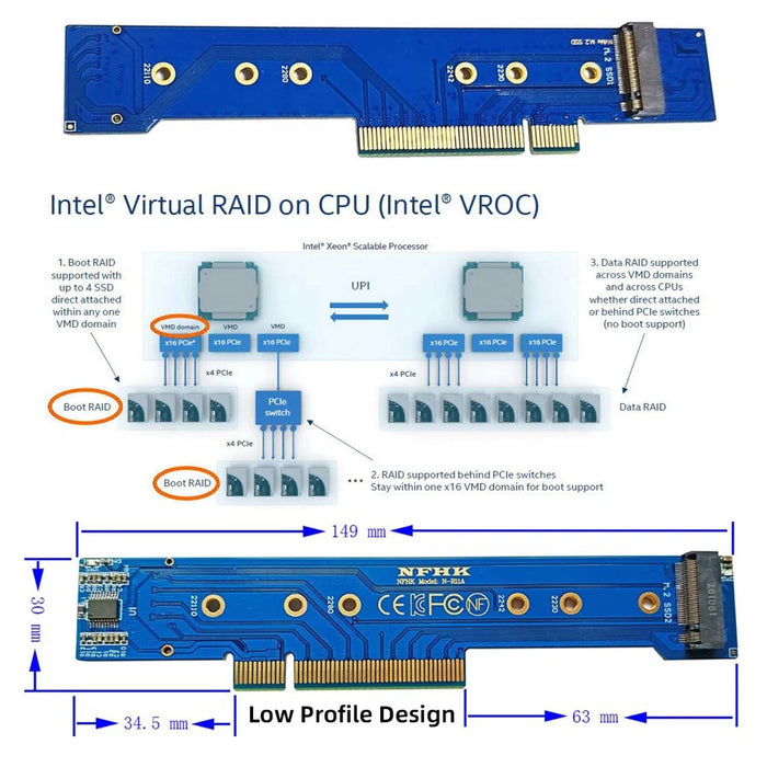 SA-012-LP Low Profile Dual 2x NVME M.2 SSD to PCIE Express Gen4 X8 X16 Raid Card VROC Raid0 Hyper Adapter - 7