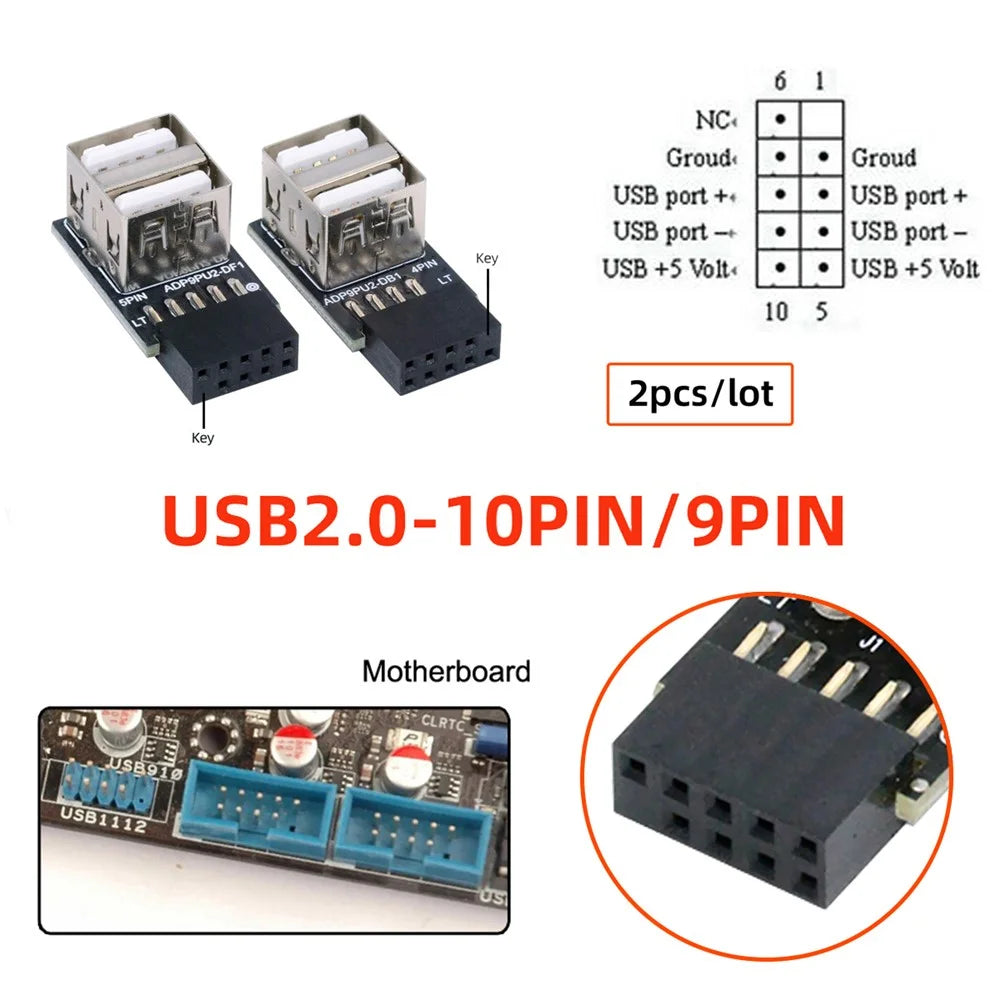 U2-029-AF002 2Pcs / Set 9Pin 10Pin Motherboard Female Header to Dual USB 2.0 Female Adapter Horizontal Type - 5