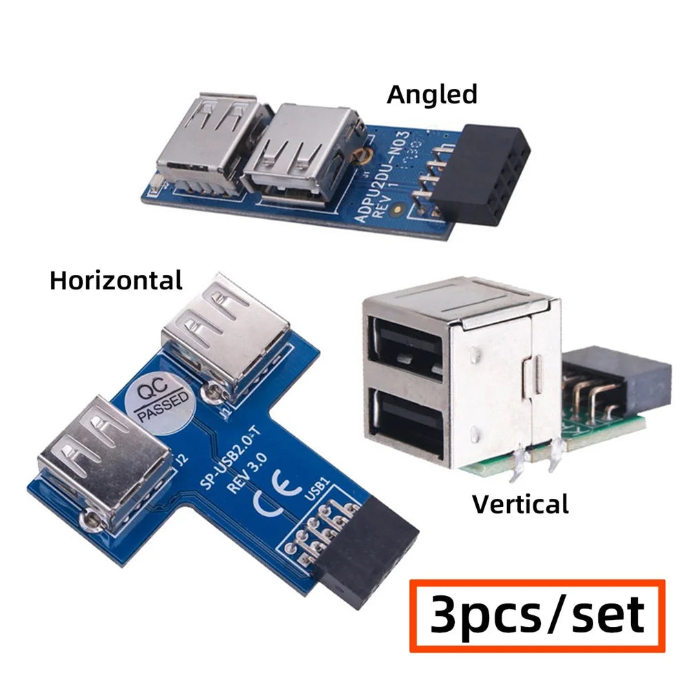 U2-075-9P 3Pcs / Set 9Pin USB2.0 Motherboard Front Panel Header Female to Dual USB Female Adapter Vertical / Horizontal Type - 3