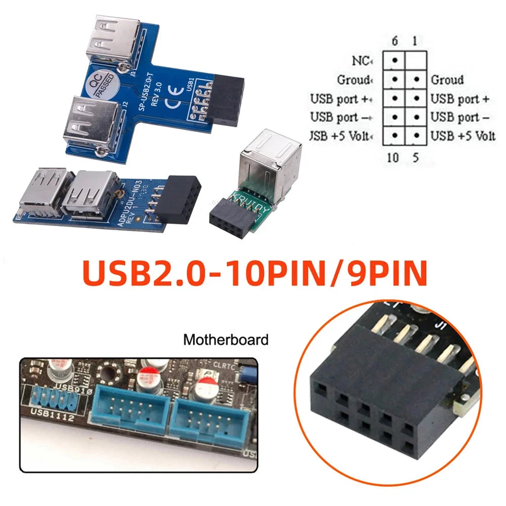 U2-075-9P 3Pcs / Set 9Pin USB2.0 Motherboard Front Panel Header Female to Dual USB Female Adapter Vertical / Horizontal Type - 5