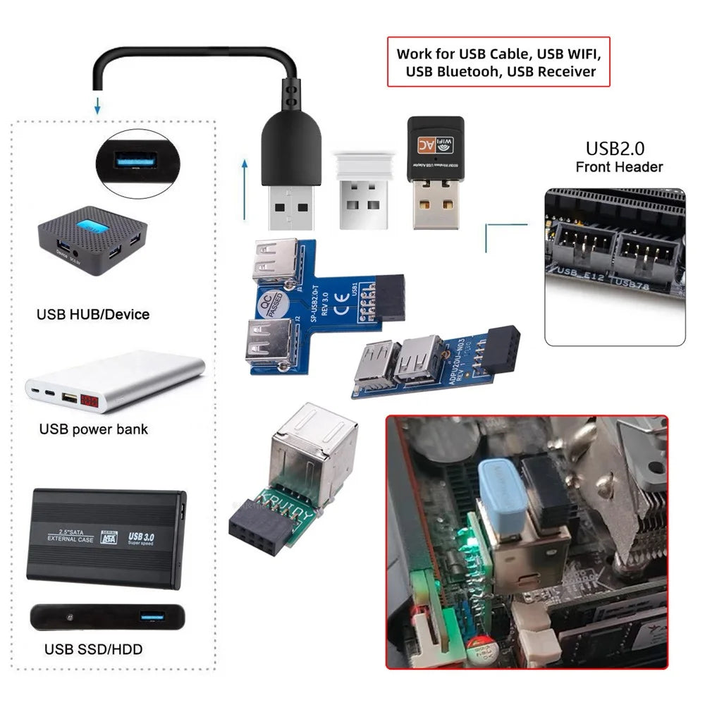 U2-075-9P 3Pcs / Set 9Pin USB2.0 Motherboard Front Panel Header Female to Dual USB Female Adapter Vertical / Horizontal Type - 6