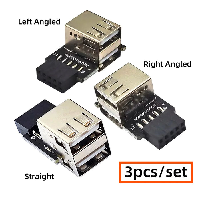 U2-075-2P 3Pcs / Set 9Pin / 10Pin Motherboard Front Panel Header Female to Dual USB 2.0 Female Adapter, Straight+Left+Right Angle - 3