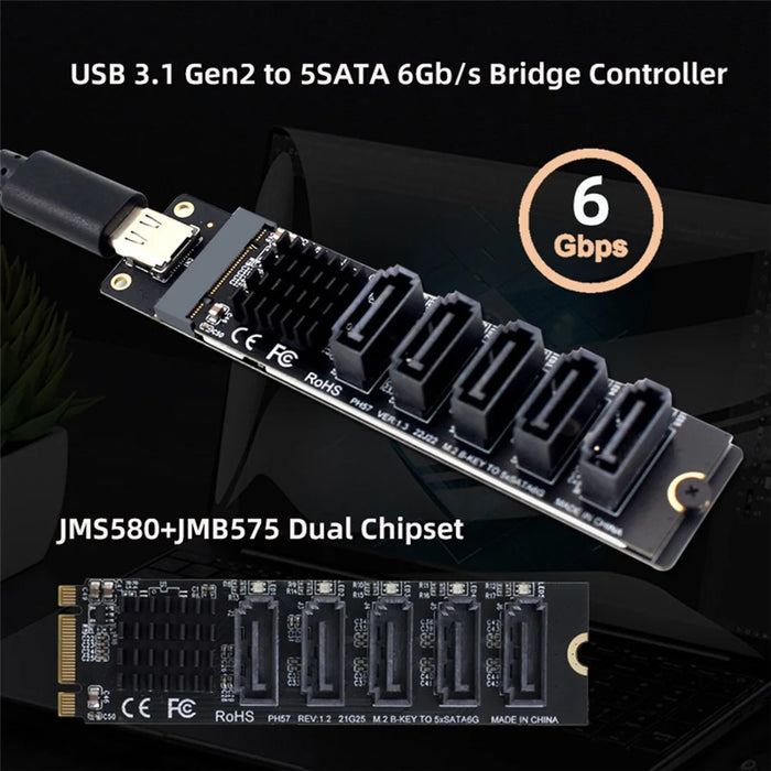 SA-035-TC 10Gbps Type-C to NGFF Key B+M SATA 6Gbps 5 Ports Adapter Converter, Chip: JMB575+JMS580 - 5