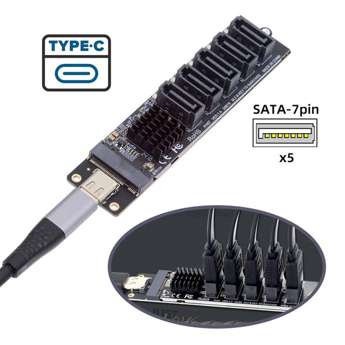 SA-035-TC 10Gbps Type-C to NGFF Key B+M SATA 6Gbps 5 Ports Adapter Converter, Chip: JMB575+JMS580 - 6