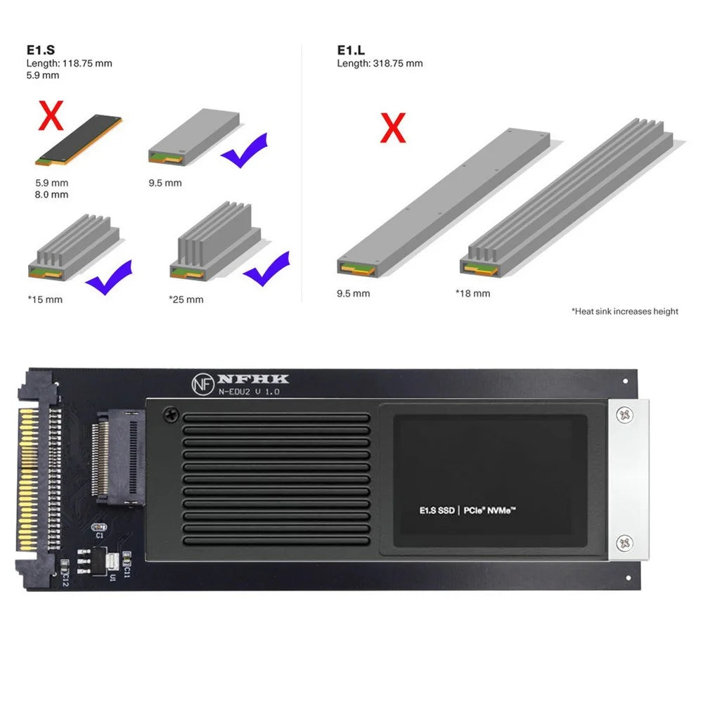 SF-072-PM U.2 SFF-8639 to PCI-E Ruler 1U GEN-Z EDSFF 9.5 / 15 / 25mm SSD E1.S Adapter with Heat Sink - 2