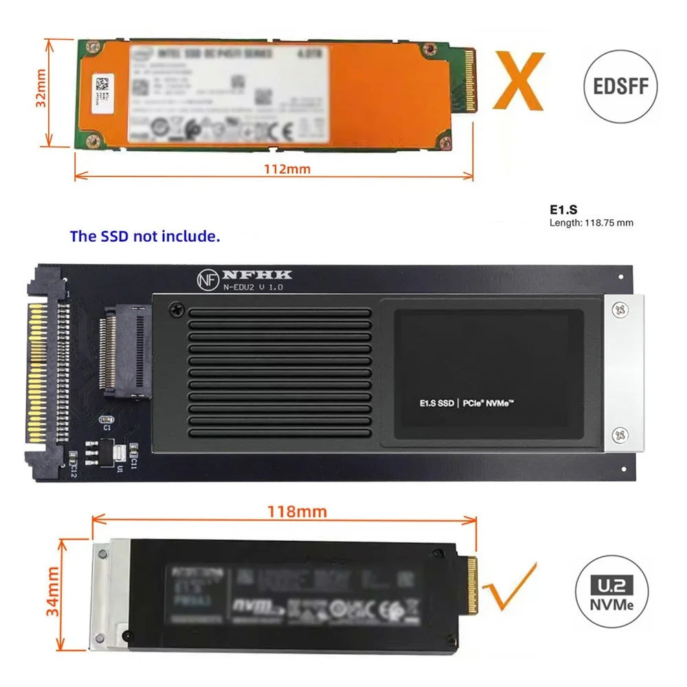 SF-072-PM U.2 SFF-8639 to PCI-E Ruler 1U GEN-Z EDSFF 9.5 / 15 / 25mm SSD E1.S Adapter with Heat Sink - 6