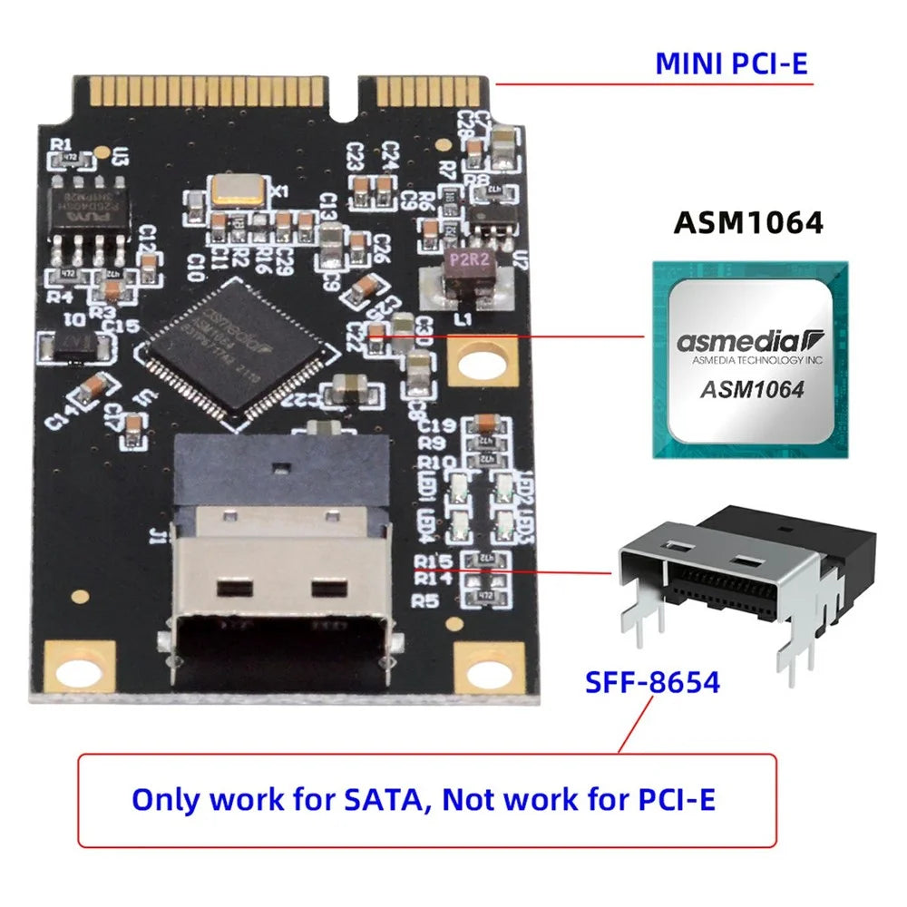 EP-047-8654 ASM1064 Mini PCI-E to Slimline SFF-8654 SATA 3.0 4-Port Adapter 6Gbps Disk Extension Card - 5
