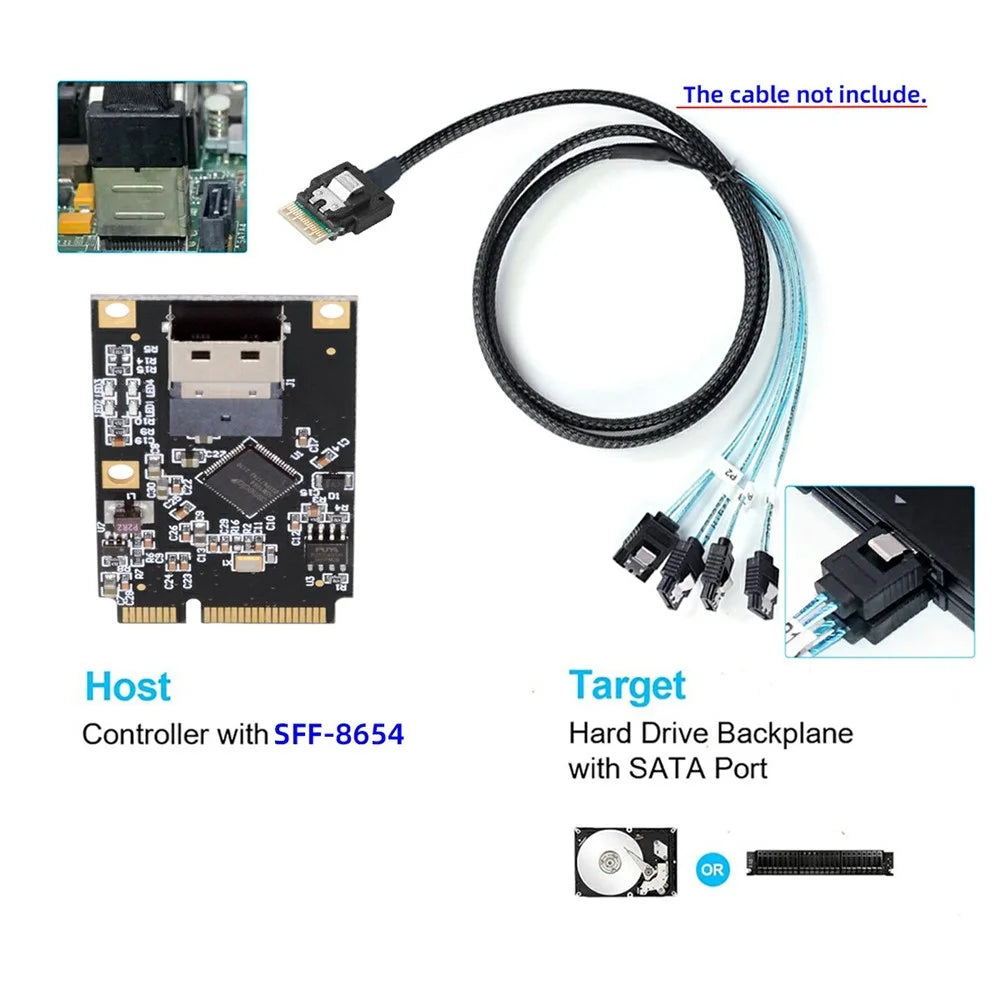 EP-047-8654 ASM1064 Mini PCI-E to Slimline SFF-8654 SATA 3.0 4-Port Adapter 6Gbps Disk Extension Card - 7