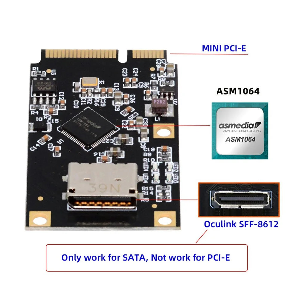 EP-047-8612 Mini PCI-E to Oculink SFF-8612 SFF-8611 SATA 3.0 Four Ports Adapter Card, Chip: ASM1064 - 5