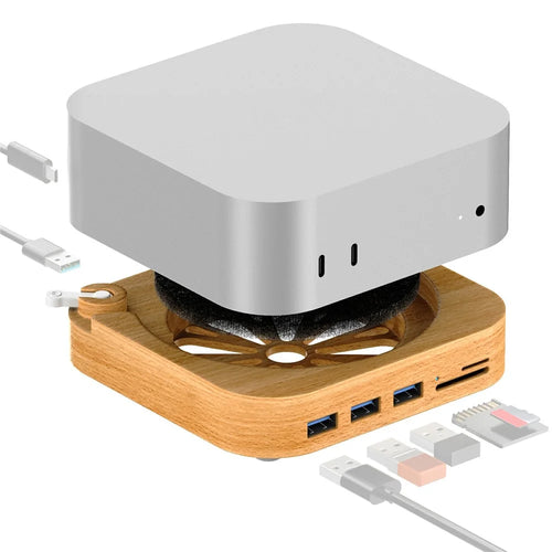 AJM4-FH For Mac Mini M4  /  M4 Pro Wooden Expansion Dock USB 3.0 Hub TF / SD Card Reader Anti-Dust Stand - 1