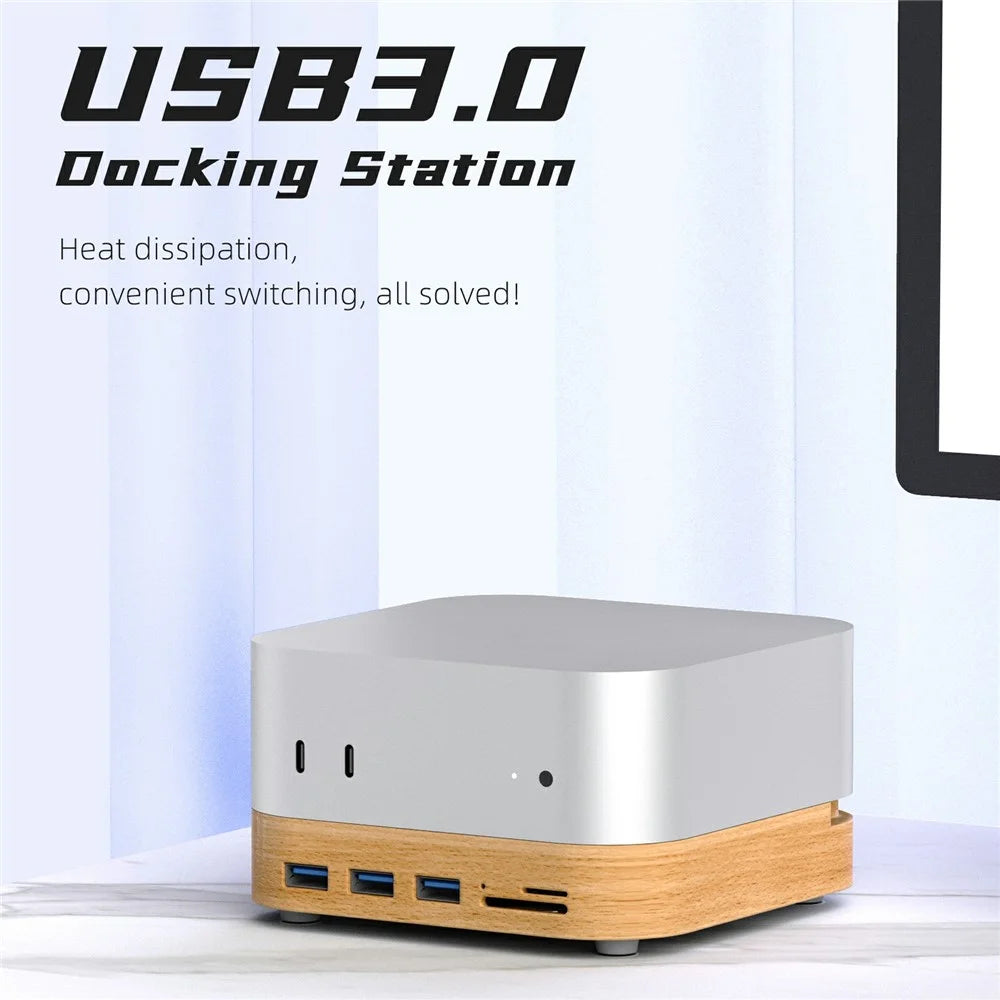 AJM4-FH For Mac Mini M4  /  M4 Pro Wooden Expansion Dock USB 3.0 Hub TF / SD Card Reader Anti-Dust Stand - 2