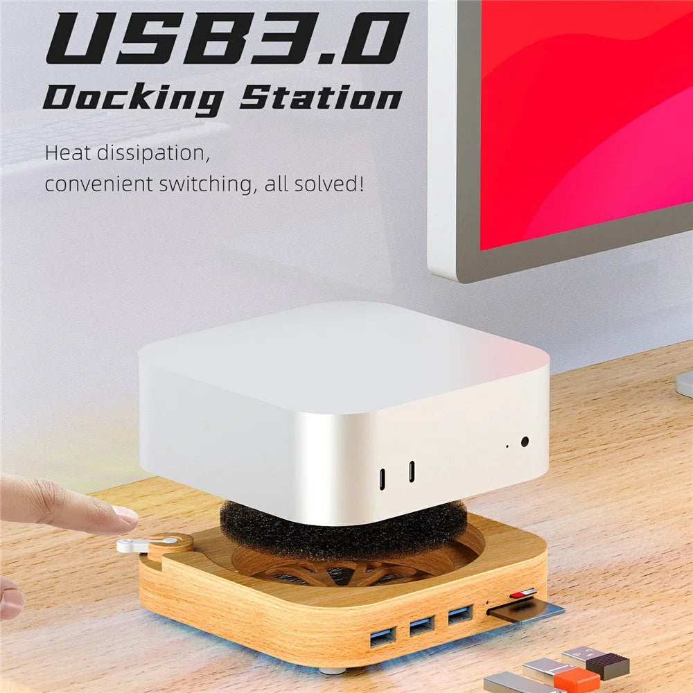AJM4-FH For Mac Mini M4  /  M4 Pro Wooden Expansion Dock USB 3.0 Hub TF / SD Card Reader Anti-Dust Stand - 3
