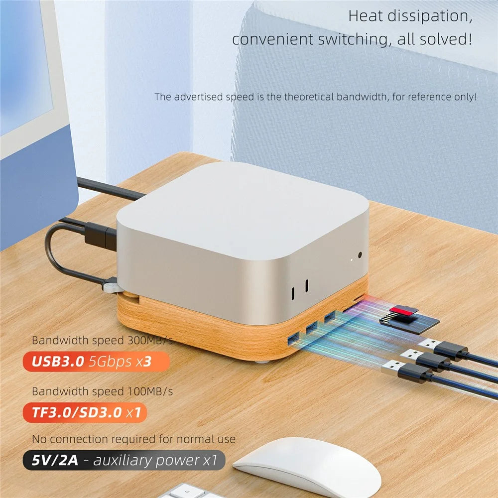 AJM4-FH For Mac Mini M4  /  M4 Pro Wooden Expansion Dock USB 3.0 Hub TF / SD Card Reader Anti-Dust Stand - 5