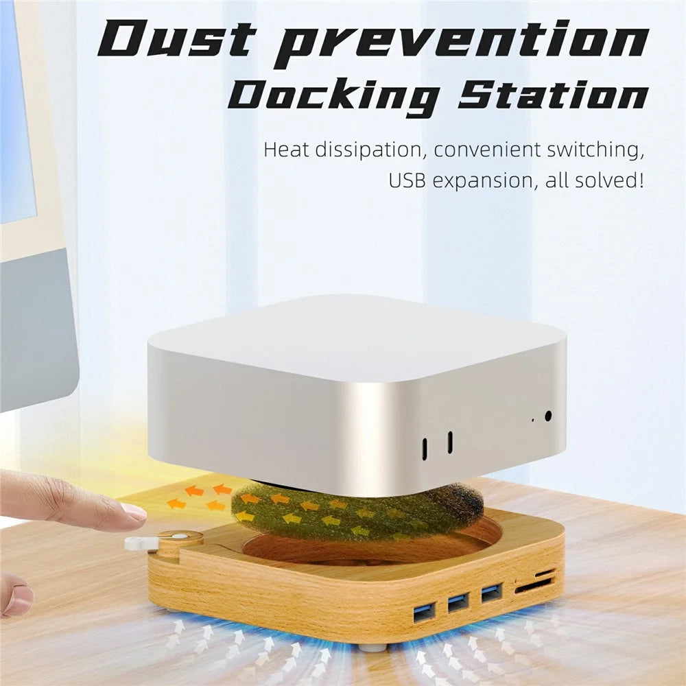 AJM4-FH For Mac Mini M4  /  M4 Pro Wooden Expansion Dock USB 3.0 Hub TF / SD Card Reader Anti-Dust Stand - 6