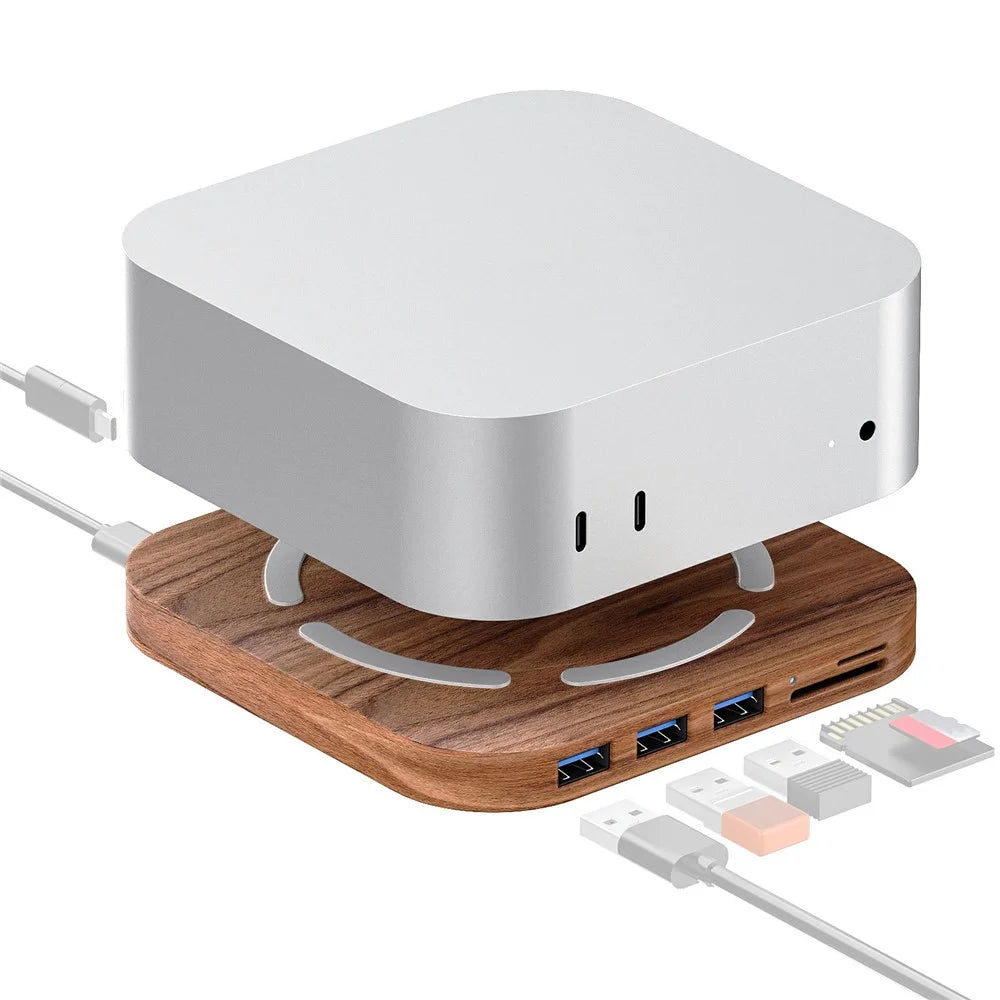 AJM4-H For Mac Mini M4  /  M4 Pro Wooden Expansion Dock USB 3.0 Hub Stand with TF / SD Card Reader Base - 1