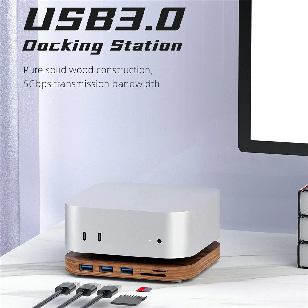 AJM4-H For Mac Mini M4  /  M4 Pro Wooden Expansion Dock USB 3.0 Hub Stand with TF / SD Card Reader Base - 2