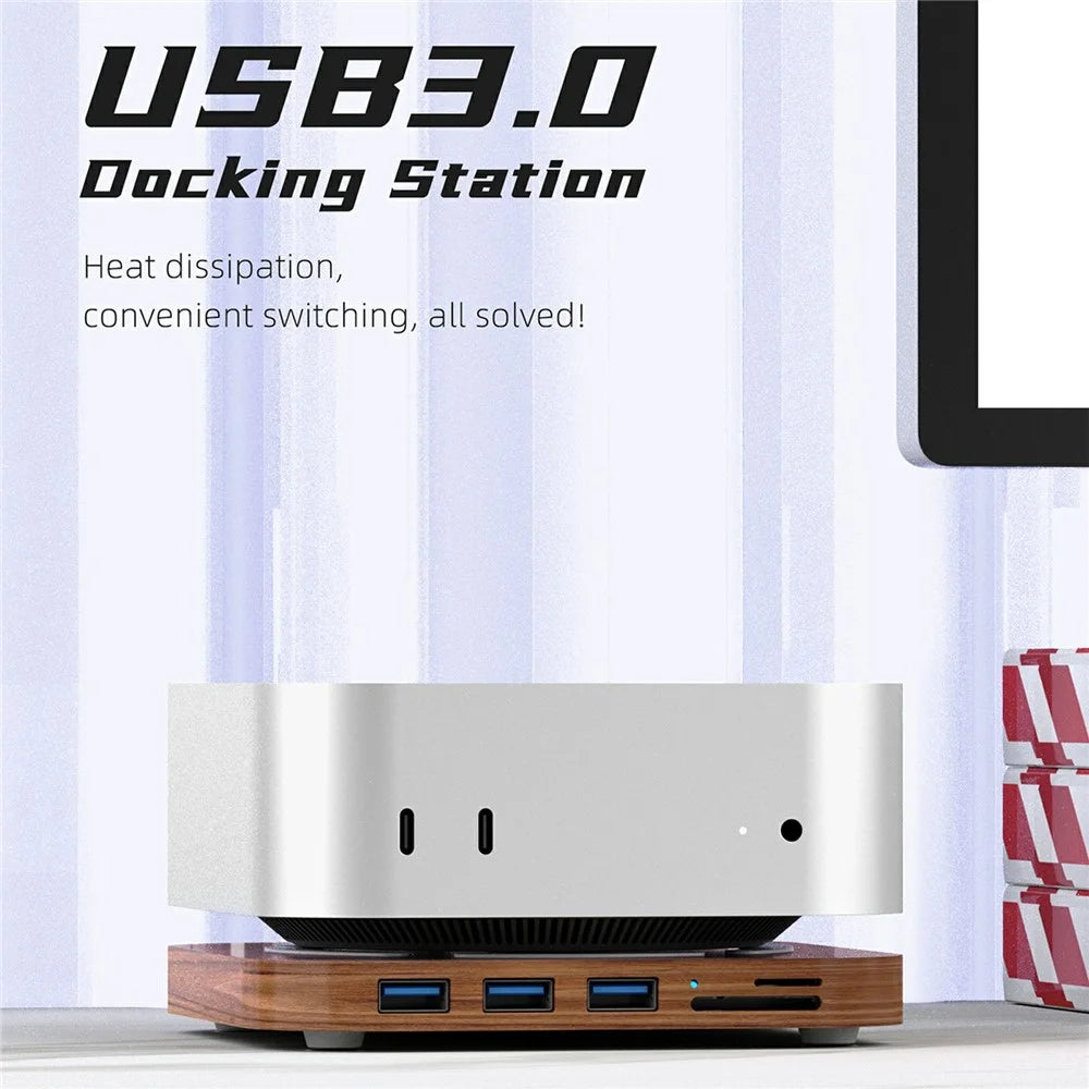 AJM4-H For Mac Mini M4  /  M4 Pro Wooden Expansion Dock USB 3.0 Hub Stand with TF / SD Card Reader Base - 3