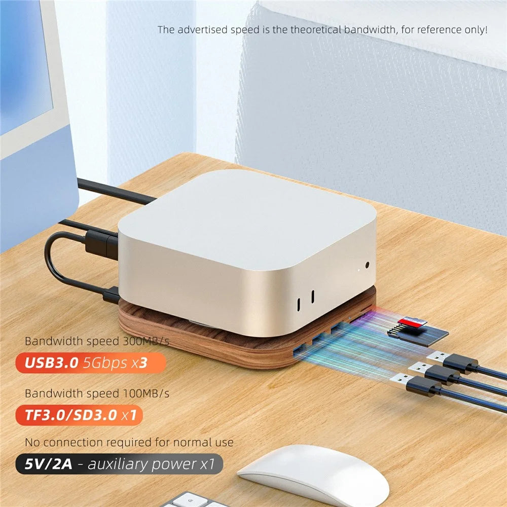 AJM4-H For Mac Mini M4  /  M4 Pro Wooden Expansion Dock USB 3.0 Hub Stand with TF / SD Card Reader Base - 4