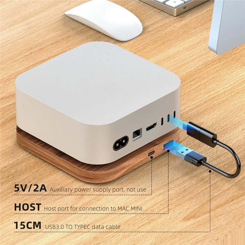 AJM4-H For Mac Mini M4  /  M4 Pro Wooden Expansion Dock USB 3.0 Hub Stand with TF / SD Card Reader Base - 5