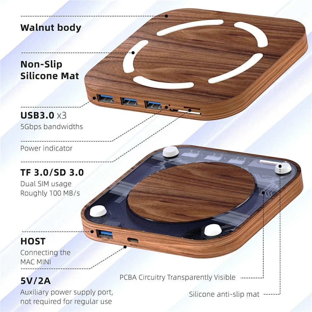AJM4-H For Mac Mini M4  /  M4 Pro Wooden Expansion Dock USB 3.0 Hub Stand with TF / SD Card Reader Base - 6